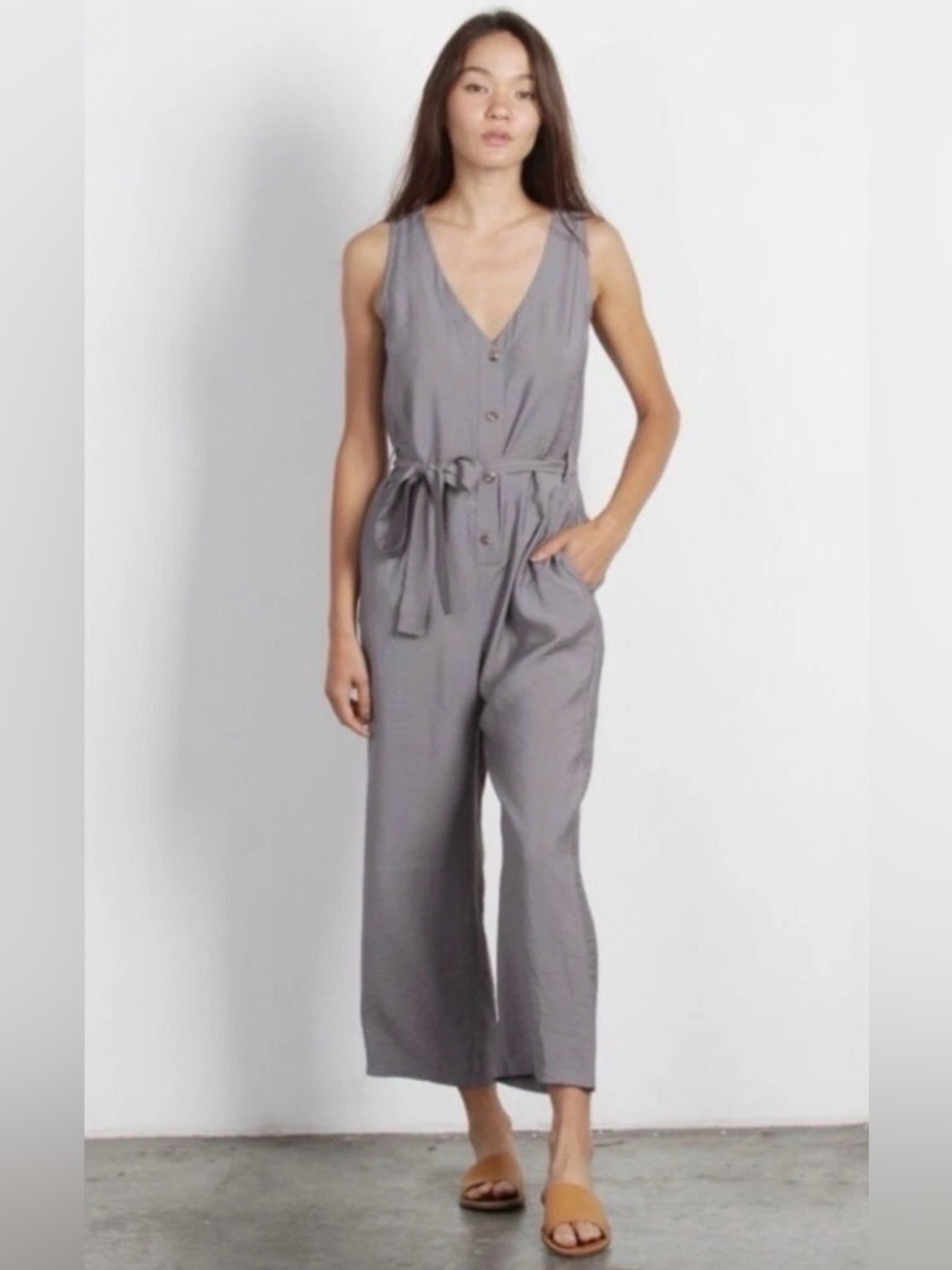 Linen Blend Sleeveless Mod Ref Dove Gray Tie-Waist Jumpsuit Sz Medium